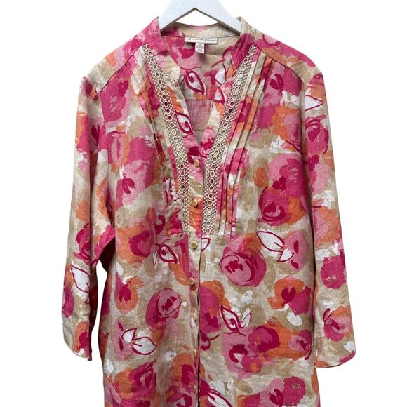 JM Collection 100% Linen Top Plus Size 20W Pink Floral 3/4 Sleeve Tunic Buttonup - Picture 5 of 8